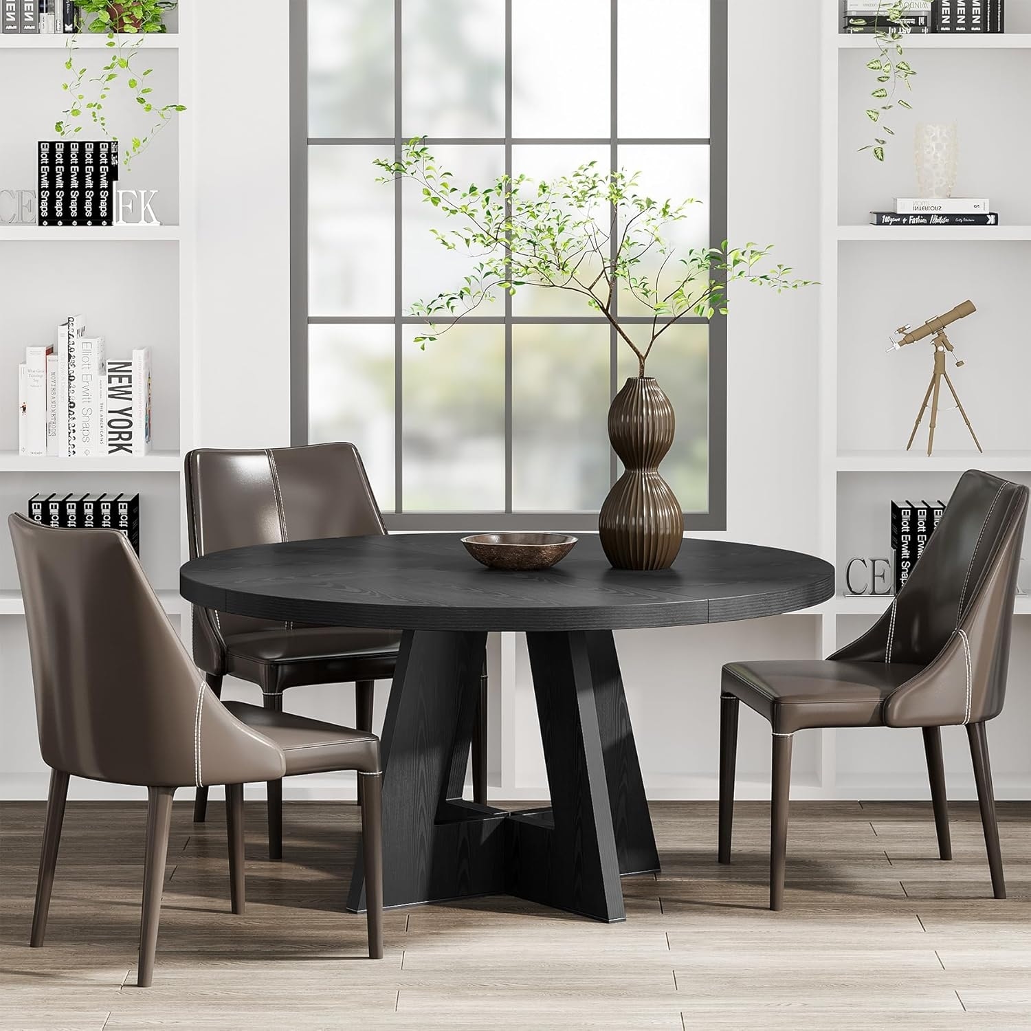 47" Round Farmhouse Dining Table - Black Wood Kitchen Table for 4