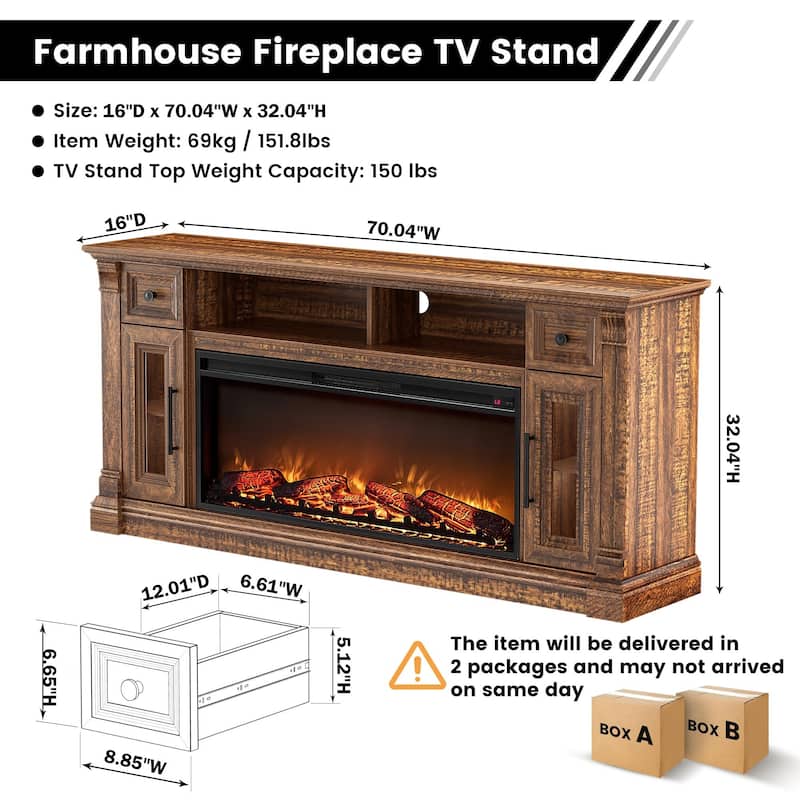 Fireplace TV Stand for 80" TV, Entertainment Center with LED Lights