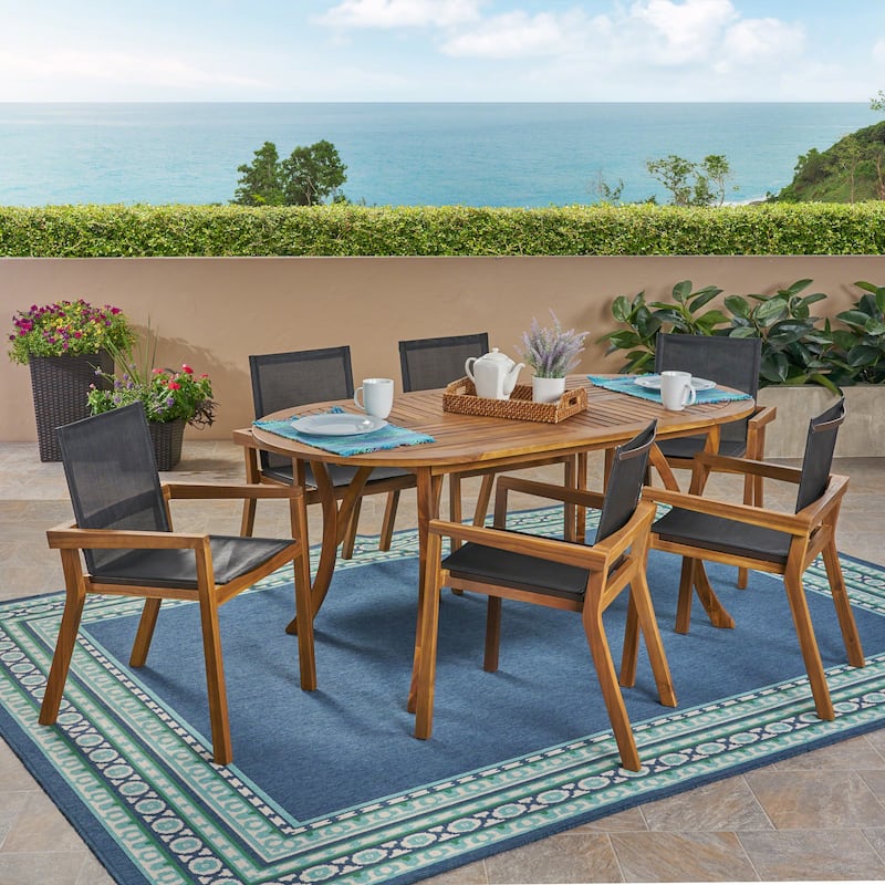 Arletta Outdoor Acacia Wood 6 Seater Patio Dining Set with Mesh Seats by Christopher Knight Home - teak + black
