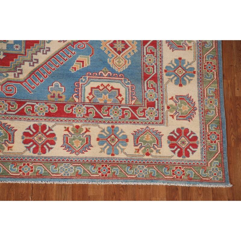 Blue Geometric Kazak Area Rug Handmade Wool Carpet - 8'0" x 9'10"