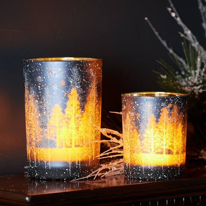 Pine Tree Glass Votive Candle Holders - 6.75" - Gray - Set of 2