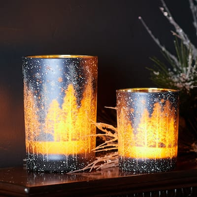 Pine Tree Glass Votive Candle Holders - 6.75" - Gray - Set of 2