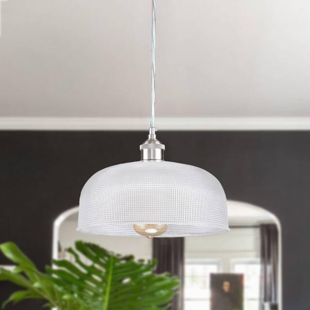 1-Light Satin Nickel Pendant Light with Ribbed Glass - D10.5 " x H7.25" - D10.5 " x H7.25"