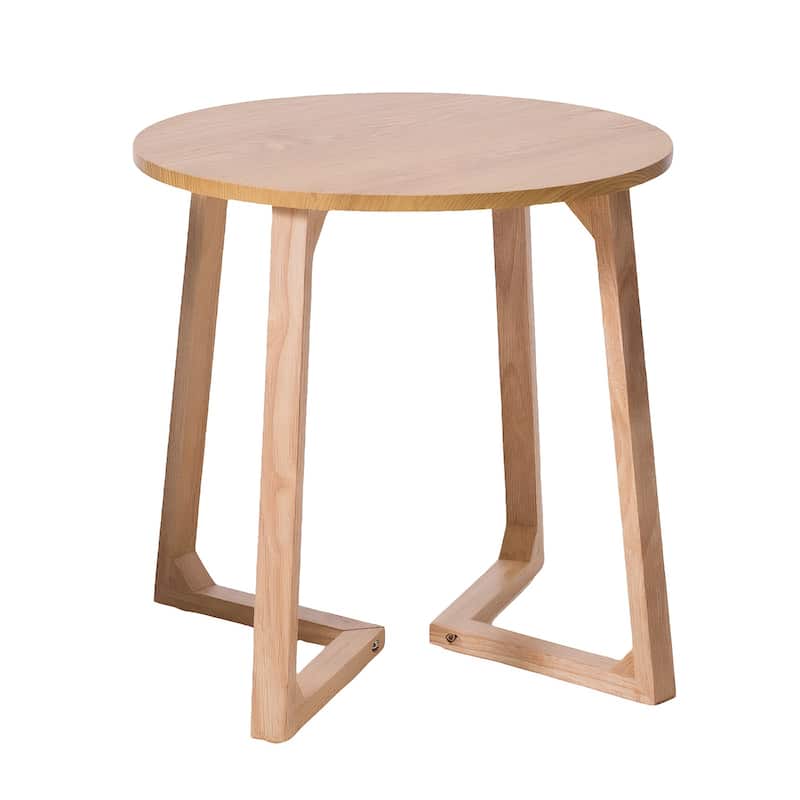 24" Round End Table, Mid Century Modern Solid Wood Sofa Side Table with V-Shaped Legs, Small Coffee Table for Small Space - Natural