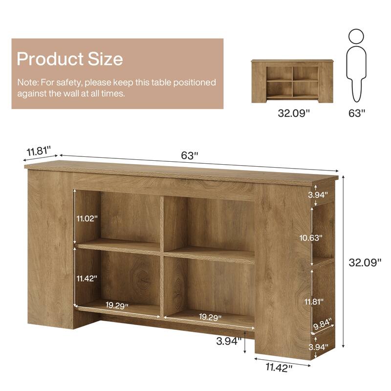 63" Console Table with Storage, Heavy Duty Wooden Entryway Sofa Table