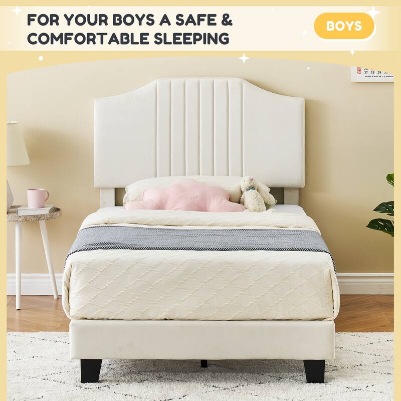 Twin Bed Frame for Kids, Upholstered Platform Bed Frame with Headboard