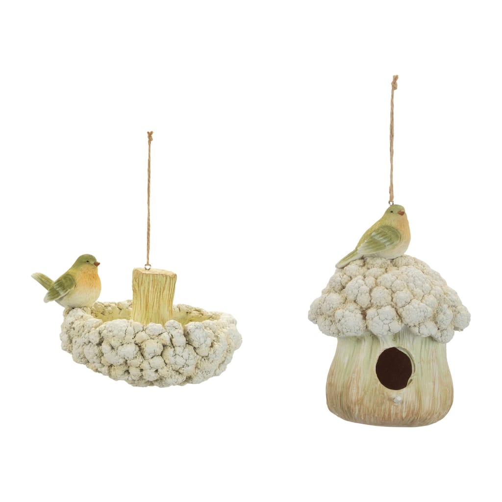 Cauliflower Birdhouse and Birdbath Ornaments - 7.25" - 2ct
