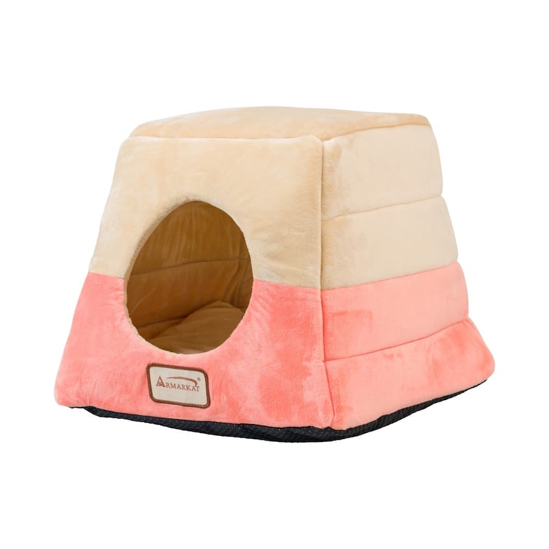 2-In-1 Cat Bed Cave Shape And Cuddle Pet Bed - 14"L x 14"W x 15"H - Orange and Beige
