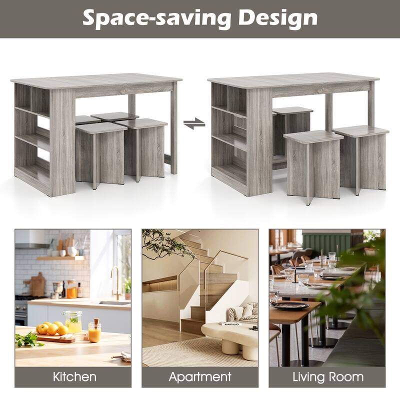 5-Piece Space-Saving Dining Set with 4 Stools and Storage Shelves Ideal for Apartments or Breakfast Nooks