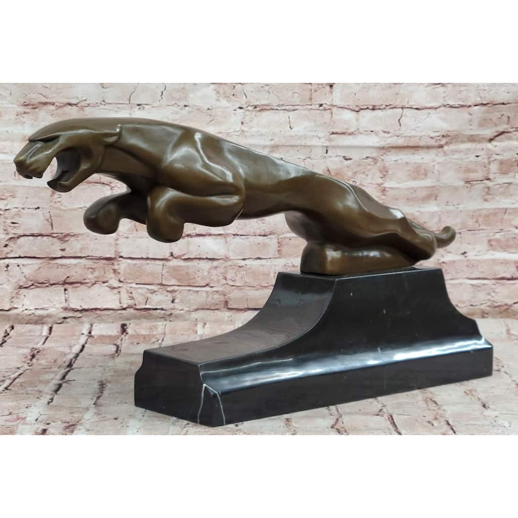 Art Deco Style Leaping Panther Bronze Sculpture On Marble Base