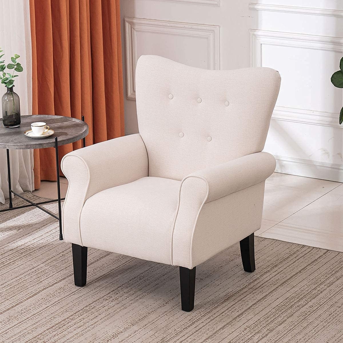 Erommy Modern Accent Chair, High Back Armchair, Upholstered Fabric Button Single Sofa with Wooden Legs for Living Room