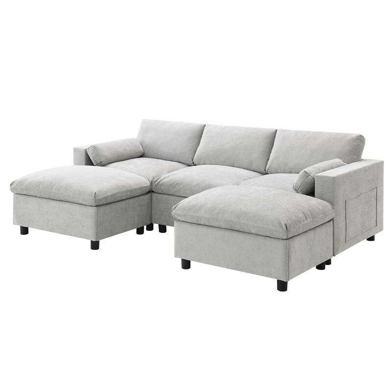 86.5" Chenille Modular Sofa with Storage Pockets, Movable Ottomans