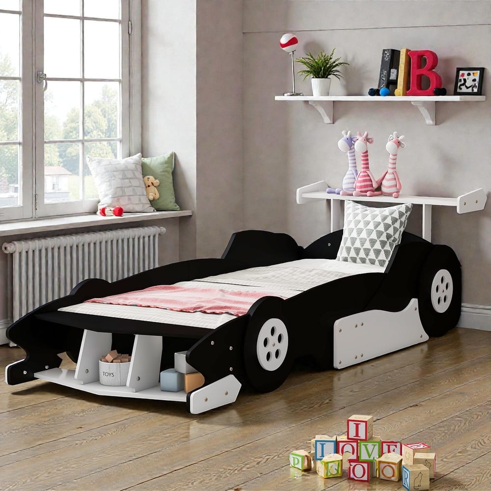 Race Car Platform Bed with Wheels, Kids Car-Shaped Bed Frame with Safety Rails