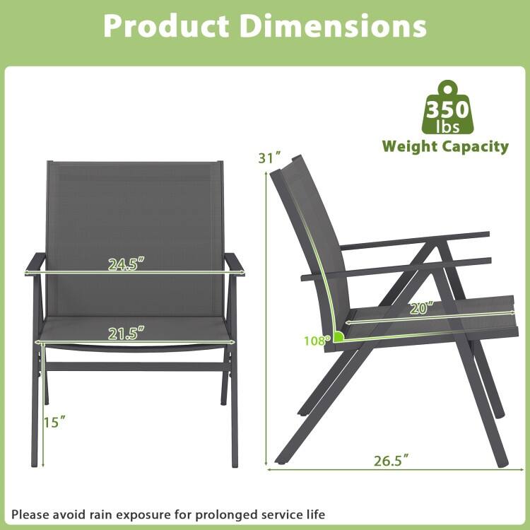 Grey Fabric Metal Patio Chairs Set of 2 Outdoor Bistro Seating - 26.5" x 24.5" x 31"