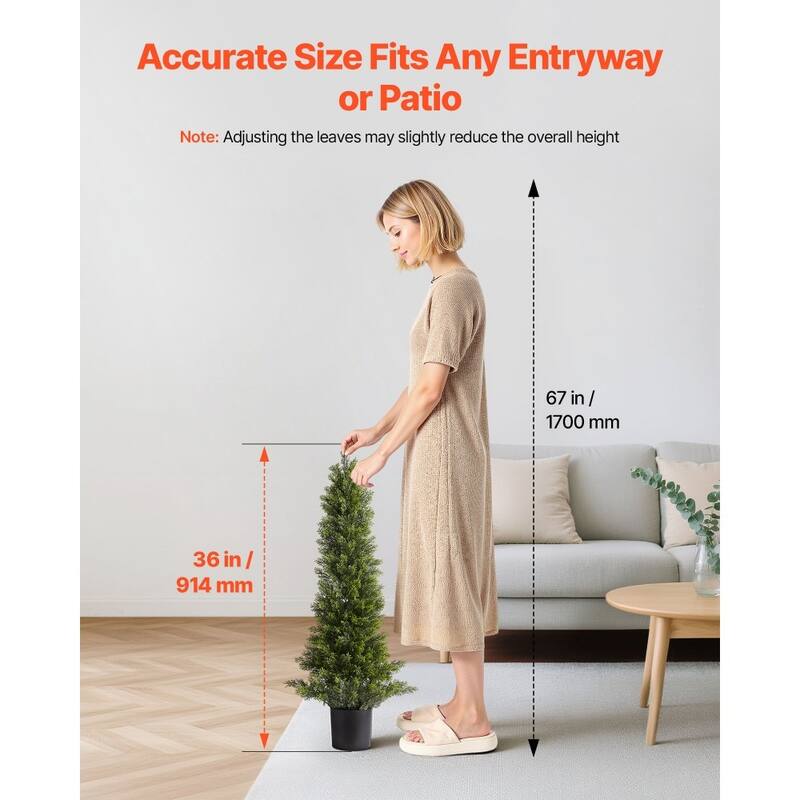 Set of 2 Artificial Topiary Cedar Trees Faux Greenery with Iron & PE Trunks, Weather-Resistant Decorative Plants