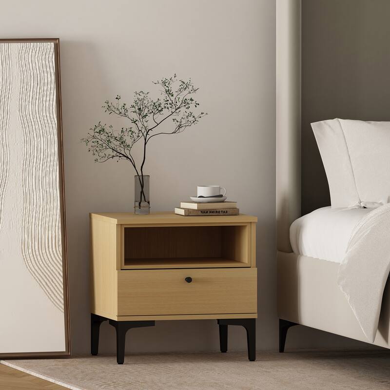 Modern Light Oak Nightstand with Drawer and Open Shelf