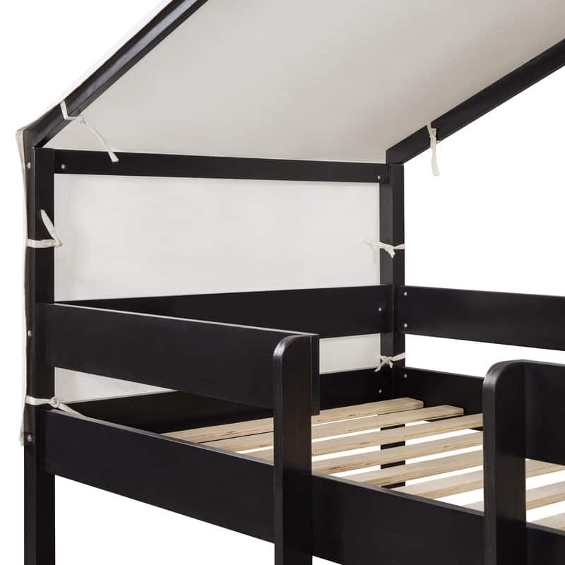 Twin Over Twin Size Wooden Bunk Bed with Tent