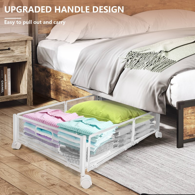 Innovaze Under Bed Storage Containers with Wheels, 2-Pack - Foldable Metal Rolling Organizers for Clothes, Bedding & Toys