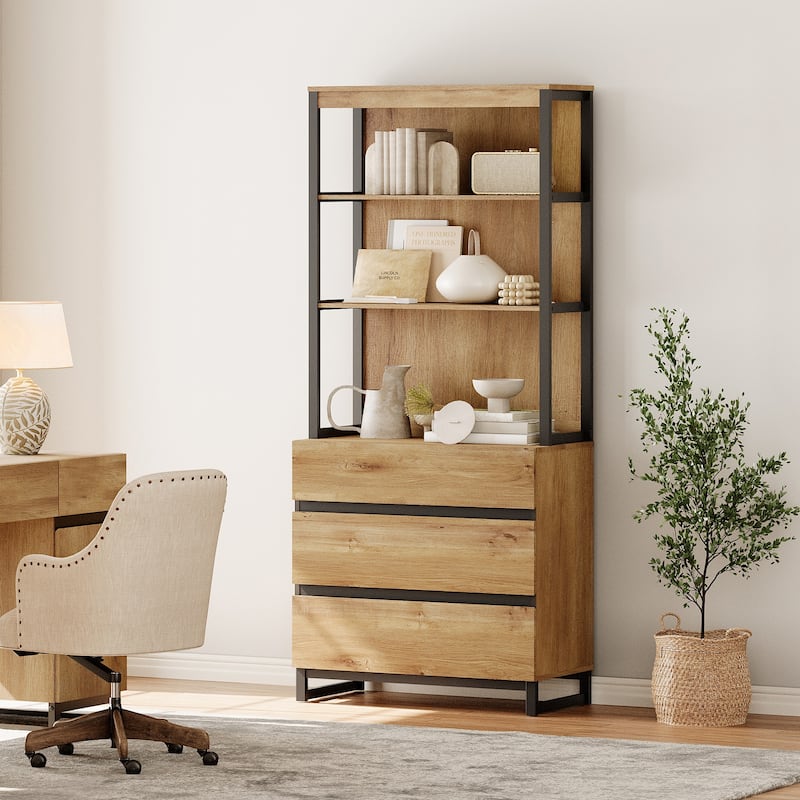WAMPAT Modern 72" Tall Bookcase with Drawers and Open Book Shelfs, Library Book Shelf for Home Office, Living Room