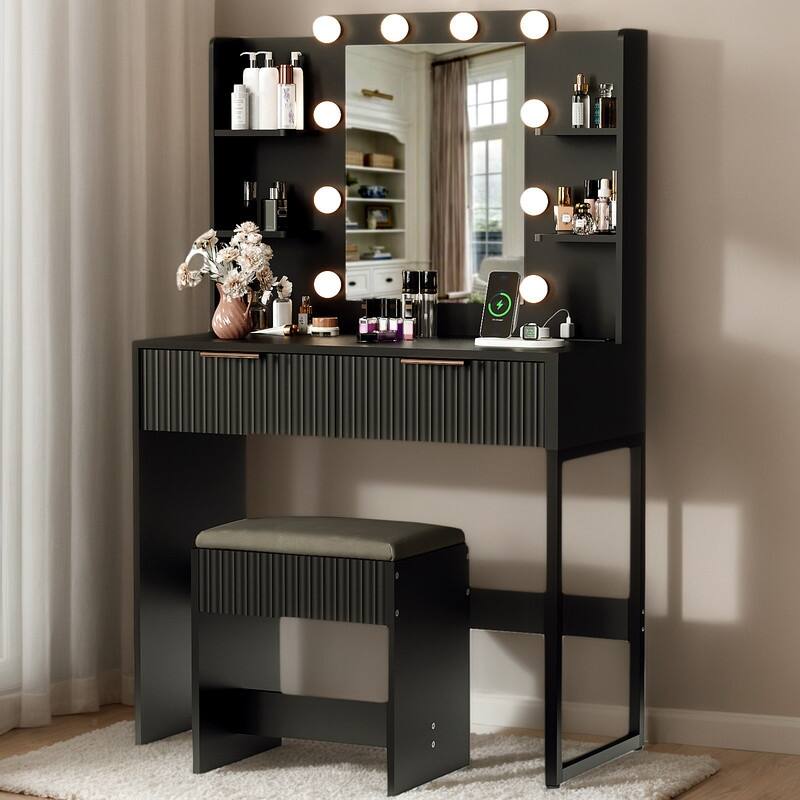 Particle Board Veneered with Textured Melamine, 2-drawer 4-Shelf, comes with 10 Three-color Dimmable Bulbs, Dressing Table Set