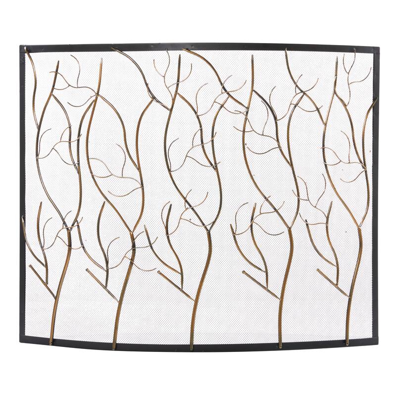 Brass Metal Branch Single Panel Tree Fireplace Screen with Mesh Netting
