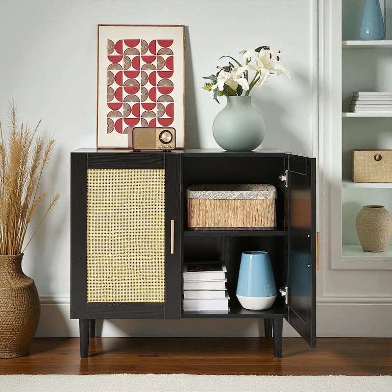 Modern Rattan Buffet Cabinet with Adjustable Shelves, Quiet-Close Doors, and Storage for Living Room or Bedroom