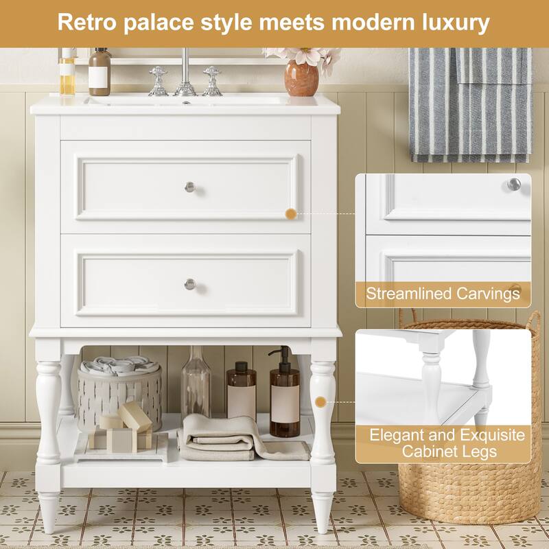 24" Retro Bathroom Vanity with Ceramic Sink & 2 Drawers - Solid Wood Storage Cabinet with Open Shelf