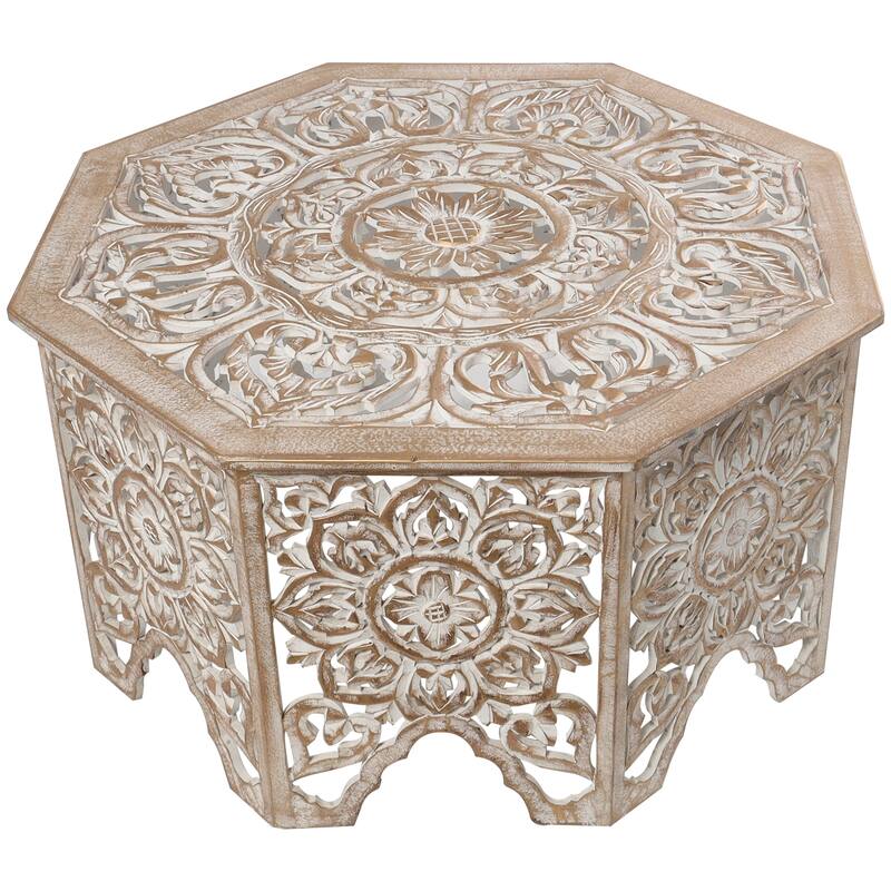 Wooden Floral Handmade Intricately Carved Coffee Table with Hollow Interior - Light Gray or Cream - Roche River Decor