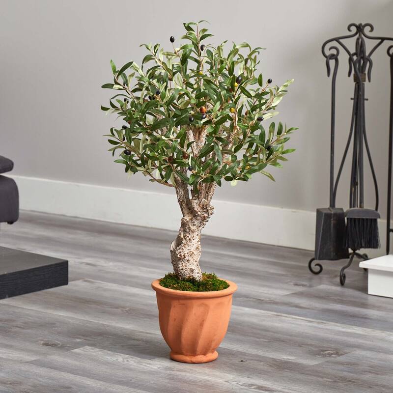 3ft Olive Artificial Tree in Terracotta Planter with Lifelike Green Leaves and Moss for Tabletop or Entryway Decor