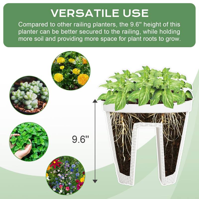 Aoodor 12'' Balcony Rattan Pattern Railing Planter Box with Drainage Holes and Adjustable Brackets-Set of 4 - 12''×11''