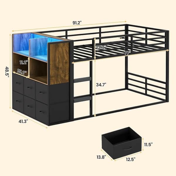 dimension image slide 5 of 10, Twin Size Low Loft Bed 6 Fabric Storage Drawers LED Lights Twin Over Twin Bunk Bed