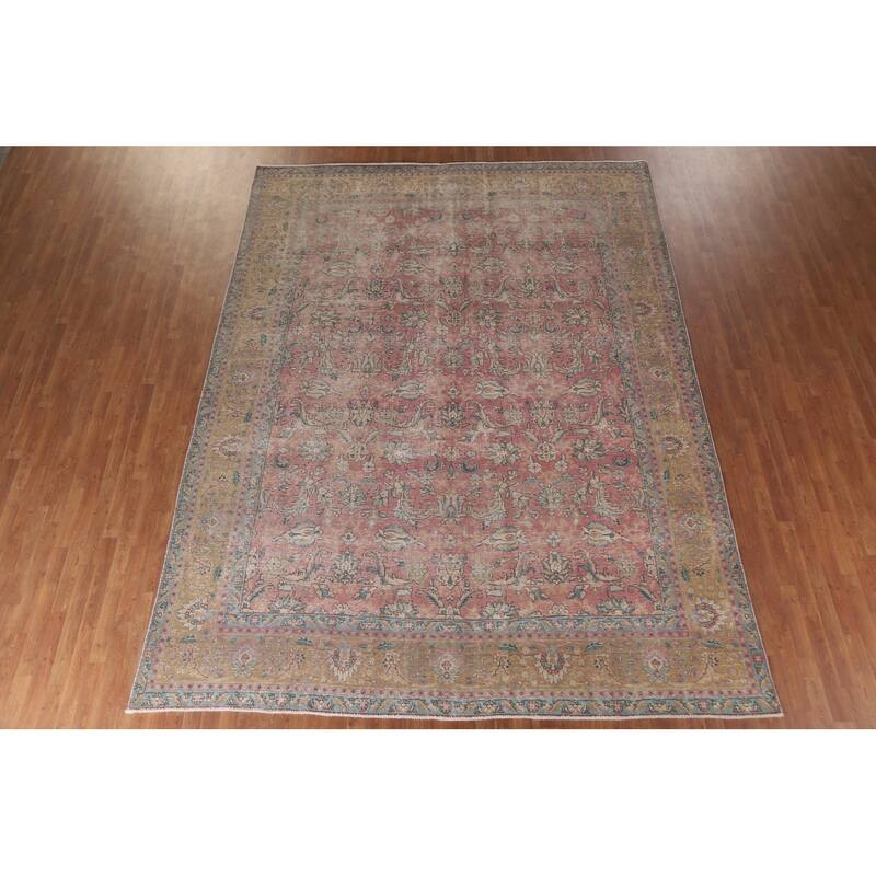 Hand Knotted Oriental 100% Wool Carpet Traditional All-Over Pink Tabriz Area Rug - 12' 8'' X 9' 7''