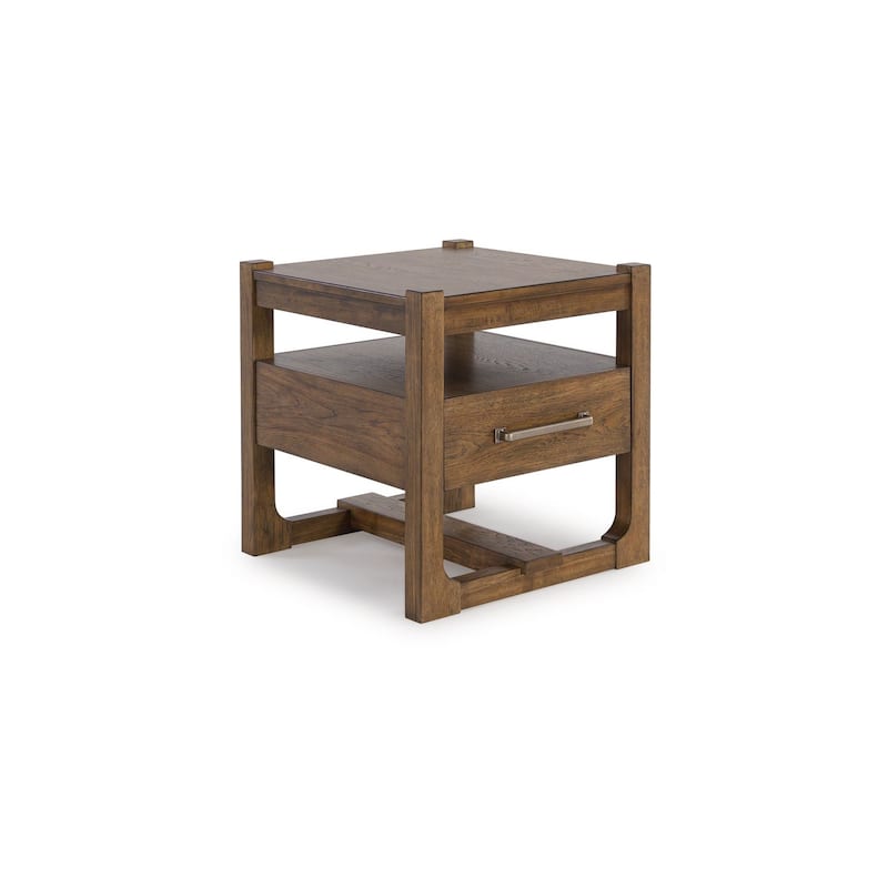 Cabal Square Side End Table, Drawer, Shelf, Light Brown Wood, 24 Inch