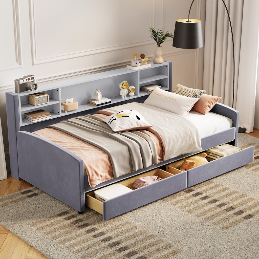 Twin Size Daybed Upholstered Platform Bed with Storage Shelf Headboard and 2 Drawers, Wood Daybed Frame with Curved Armrest
