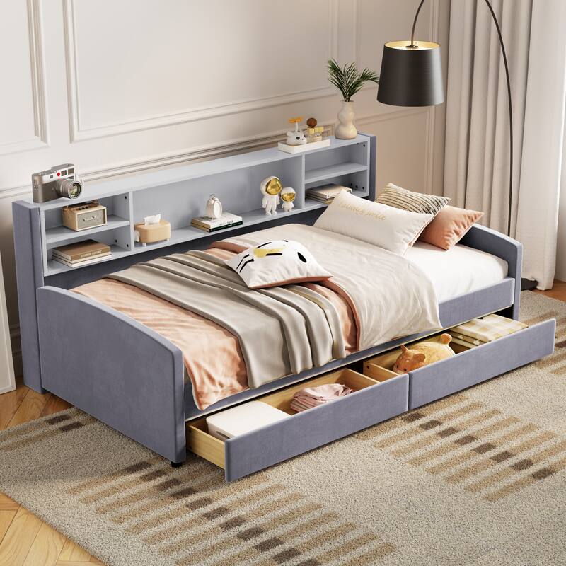 Twin Velvet Upholstered Bed Frame with Storage Drawers and Built-In Shelf, Platform Design with Plush Headboard