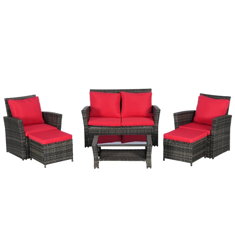 6 PCS Wicker Patio Furniture Sets with Ottoman & Tempered Glass Table - N/A