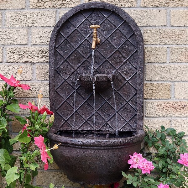Sunnydaze Messina Hanging Outdoor Wall Water Fountain with Iron Finish - 26-Inch - Bronze