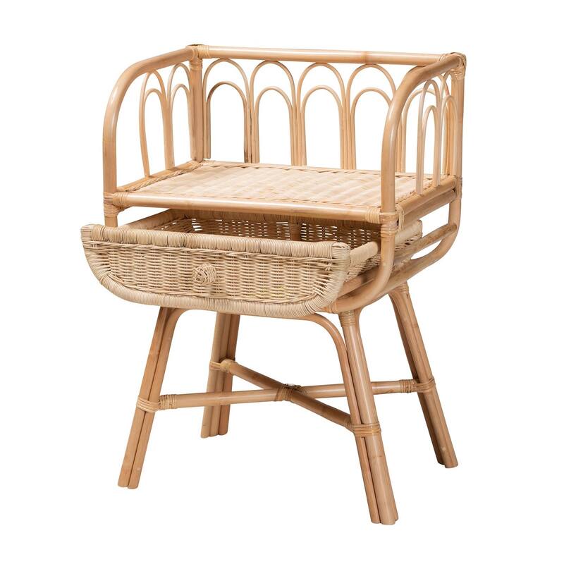 Modern Bohemian Natural Brown Rattan Nightstand with Drawer and Shelf, Handcrafted Rustic Tropical Style