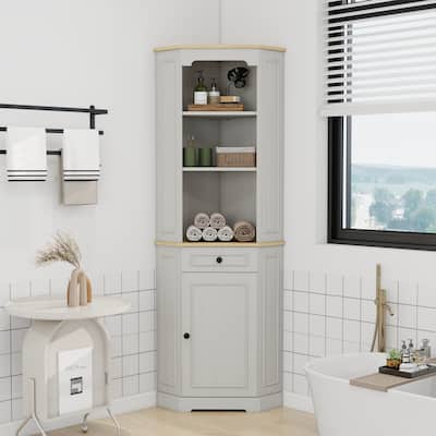 68" Tall Freestanding Corner Cabinet with 1 Door, 1 Drawer & Adjustable Shelf - Farmhouse Storage in Antique White‌.