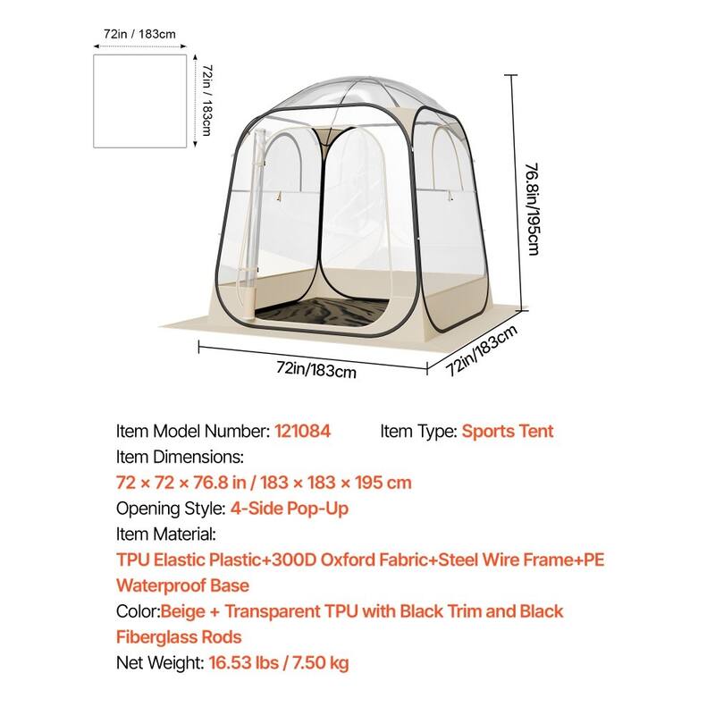 Beige-Transparent-Black Pop-Up Sport Bubble Tent 4-Side Outdoor Shelter - 72.05 × 72.05 × 76.77 in