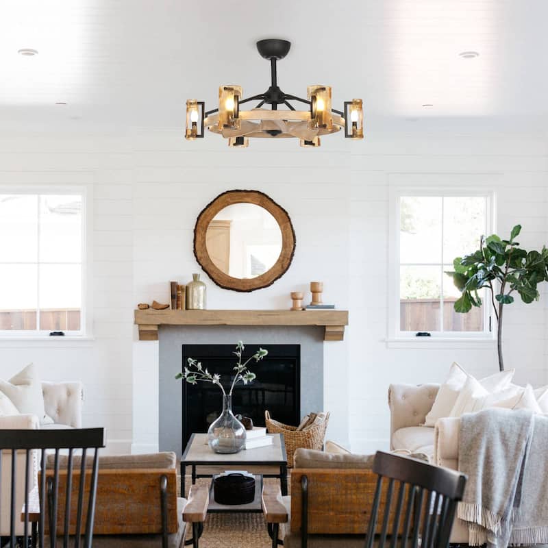 34" Indoor Wood Downrod Mount Chandelier Ceiling Fan with Light and Remote Control, Dimmable - Fan Blade Length (In.) 14