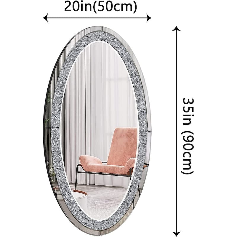 Oval Wall Mirror Crushed Diamond Inlay Sparkly Silver Mirror