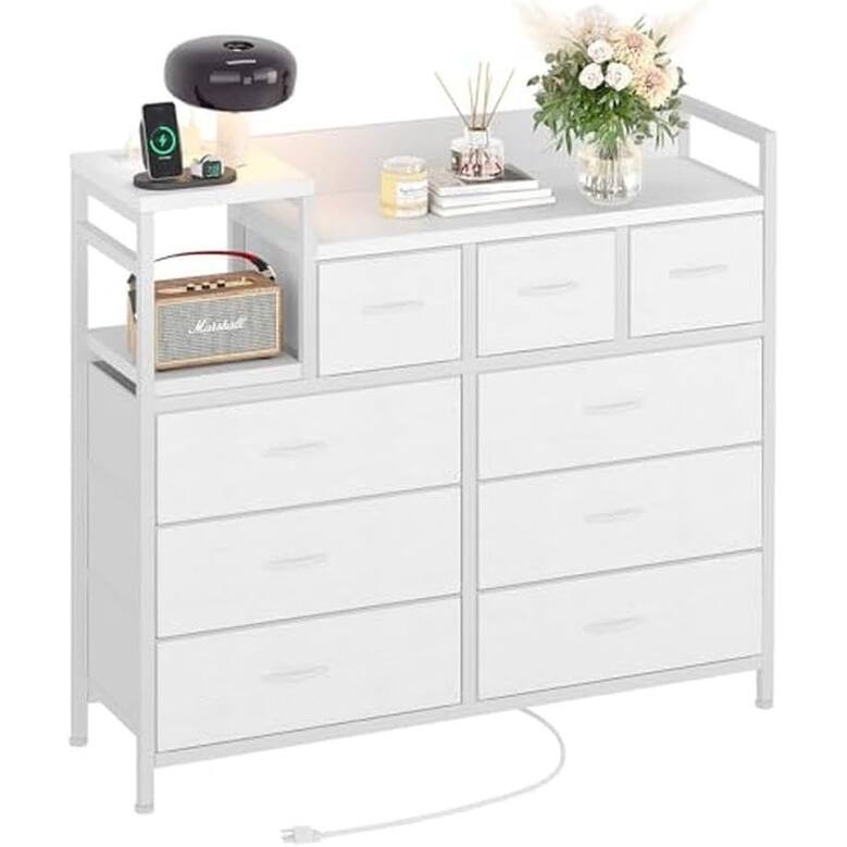 Bedroom Dresser with 9 Drawers Tv Stand with Charging Stand Modern Fabric Chest of Drawers - White - 9-drawer