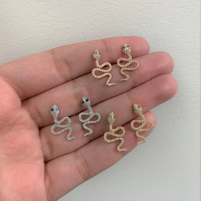 Joelle Collection Diamond Snake Stud Tsavorite Earrings 14K Gold