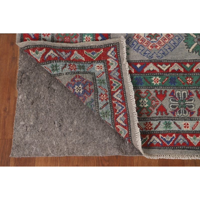 Geometric Kazak Area Rug Handmade Oriental Grey Wool Carpet - 5'6" x 7'9"
