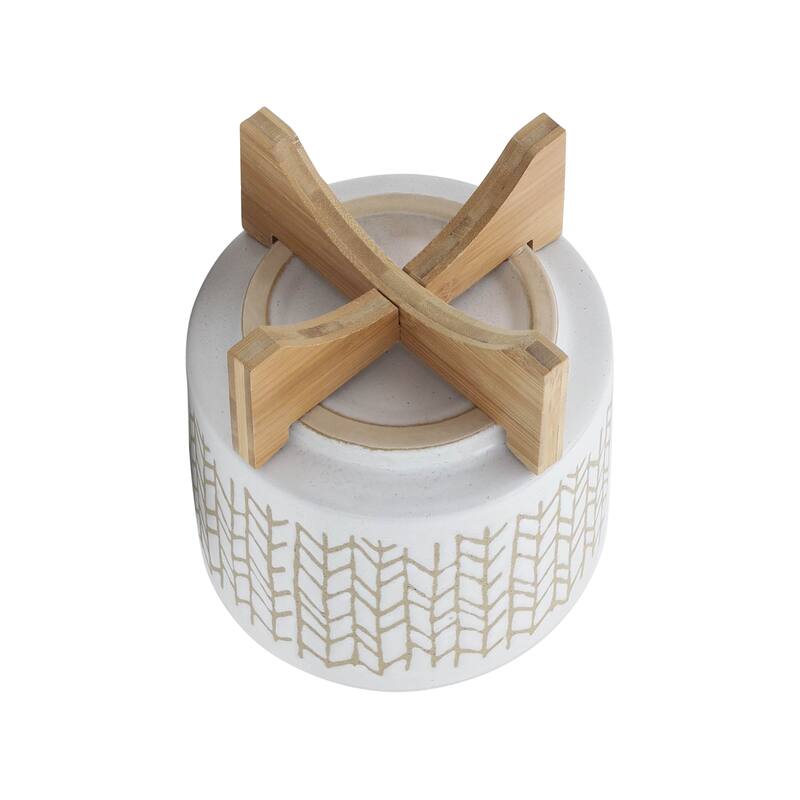 8" Ceramic Planter Stand, Ivory/Beige Chevron with Wooden Base, Indoor/Outdoor Planter with Stand For Your Succulents