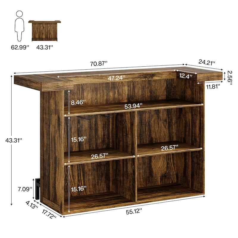 Industrial Wood Bar Table Liquor Cabinet with Wine Glass Holder