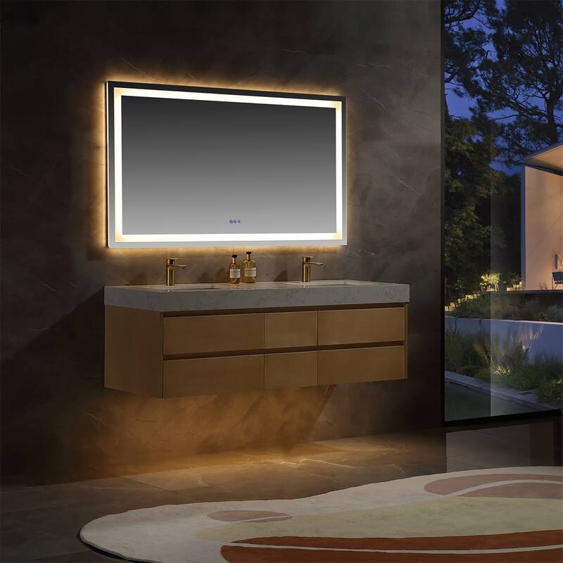 48 in./ 60 in. Solid Wood Wall-Mounted Bathroom Vanity Set in Maple with Engineered Stone Top and Ceramic Sink