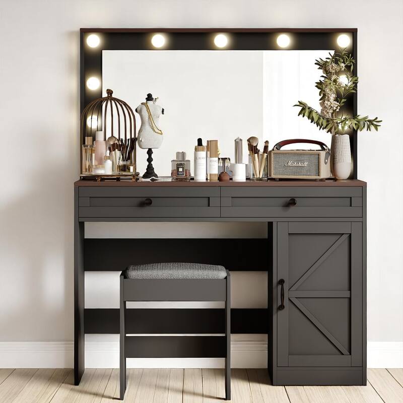 43.4" Makeup Vanity Table with LED Mirror & Stool - 3 Drawers, Adjustable Brightness, Dressing Desk - Black