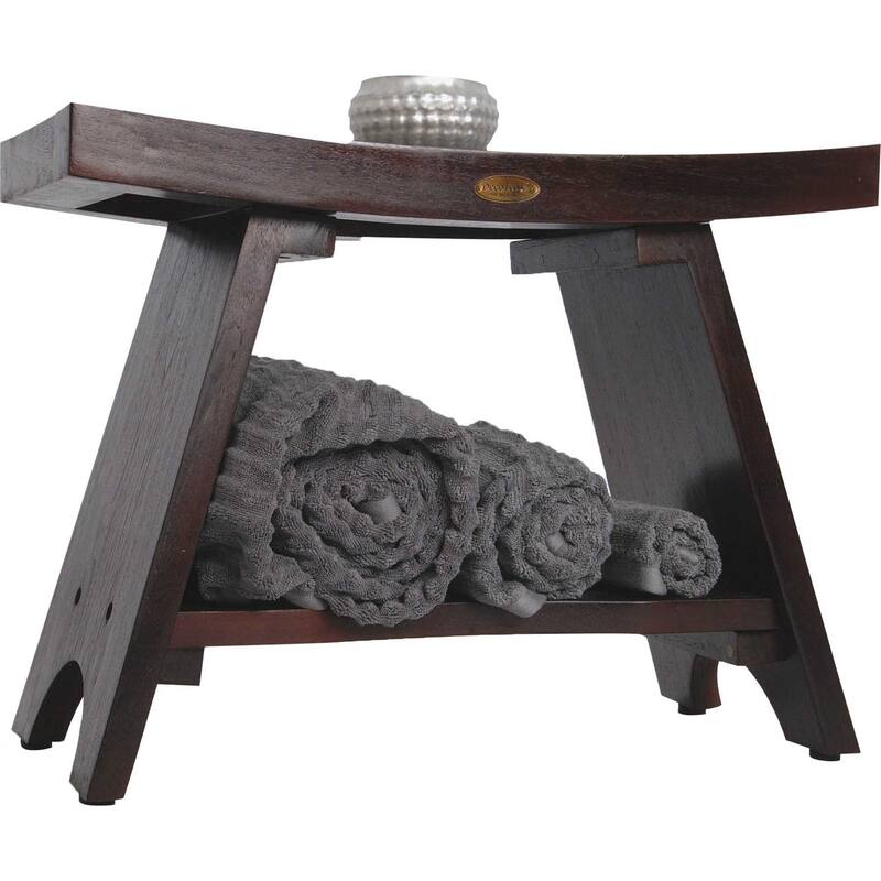 Compact Teak Rectangular Corner Shower / Outdoor Bench with Shelf in Brown Finish